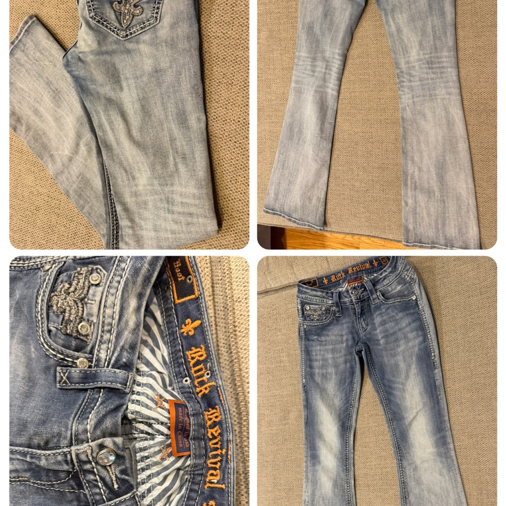 Rock Revival Blue Flare Wide Leg Jeans with Distressed Details